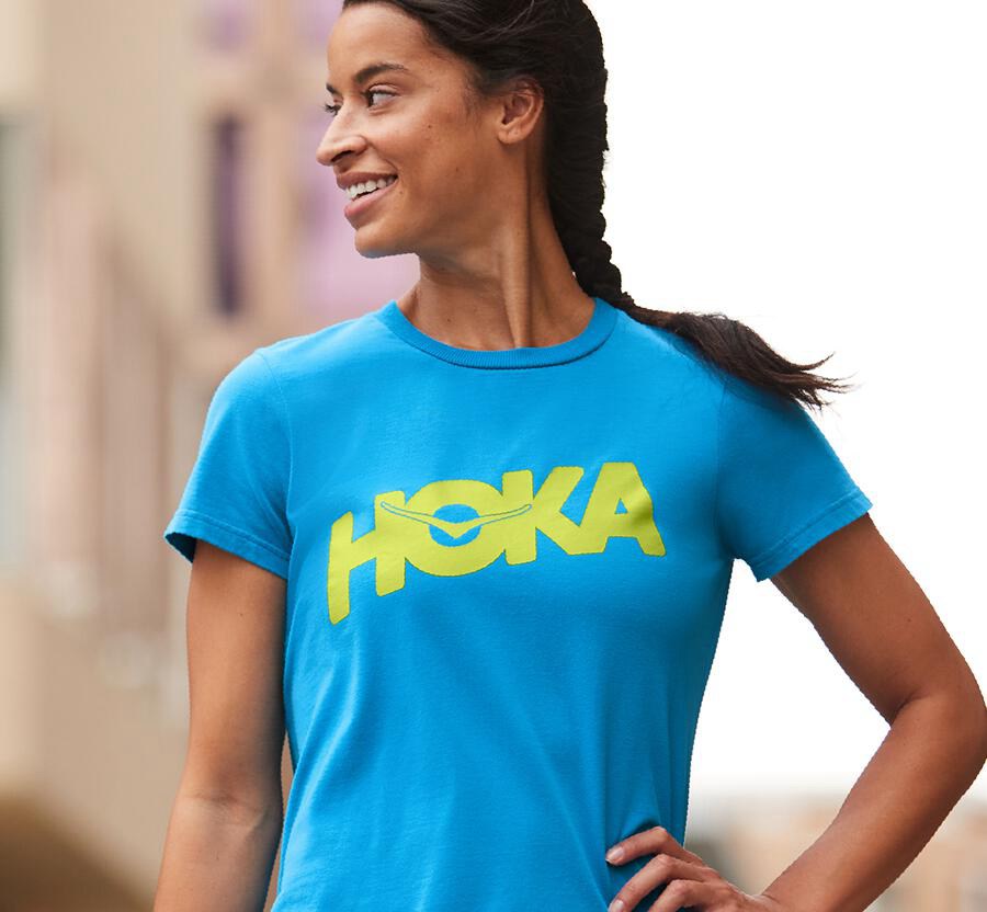 Hoka One One Womens Tee - Brand - Blue - GAYP18290